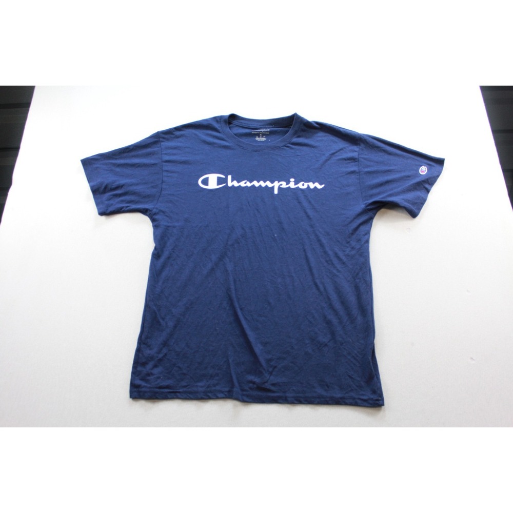 Champion T-Shirt Men Size M Blue Excellent Athletic Script Logo Short Sleeve - Picture 1 of 11